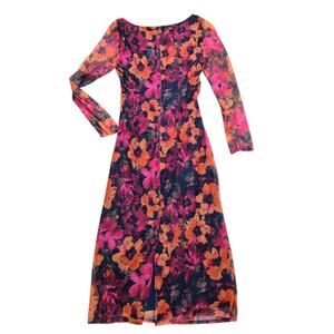 Vince Camuto Womens Sz 12 Midi Ruched Dress Floral Mesh Long Sleeve Bodycon